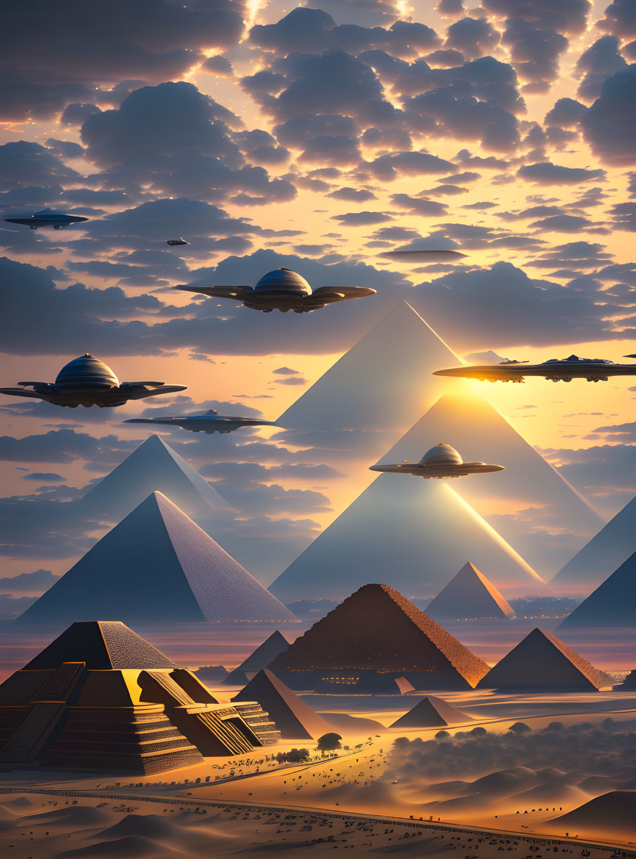 Sunset over pyramids with futuristic UFOs in cloudy sky