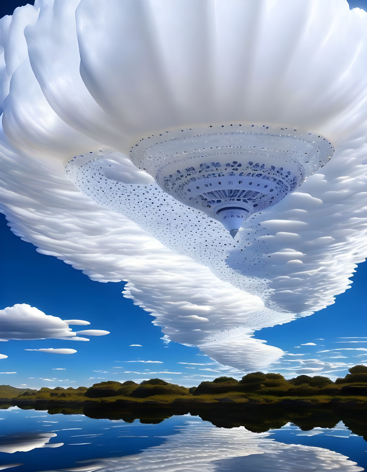 Large white shell-like structure above serene lake with reflections and blue sky.