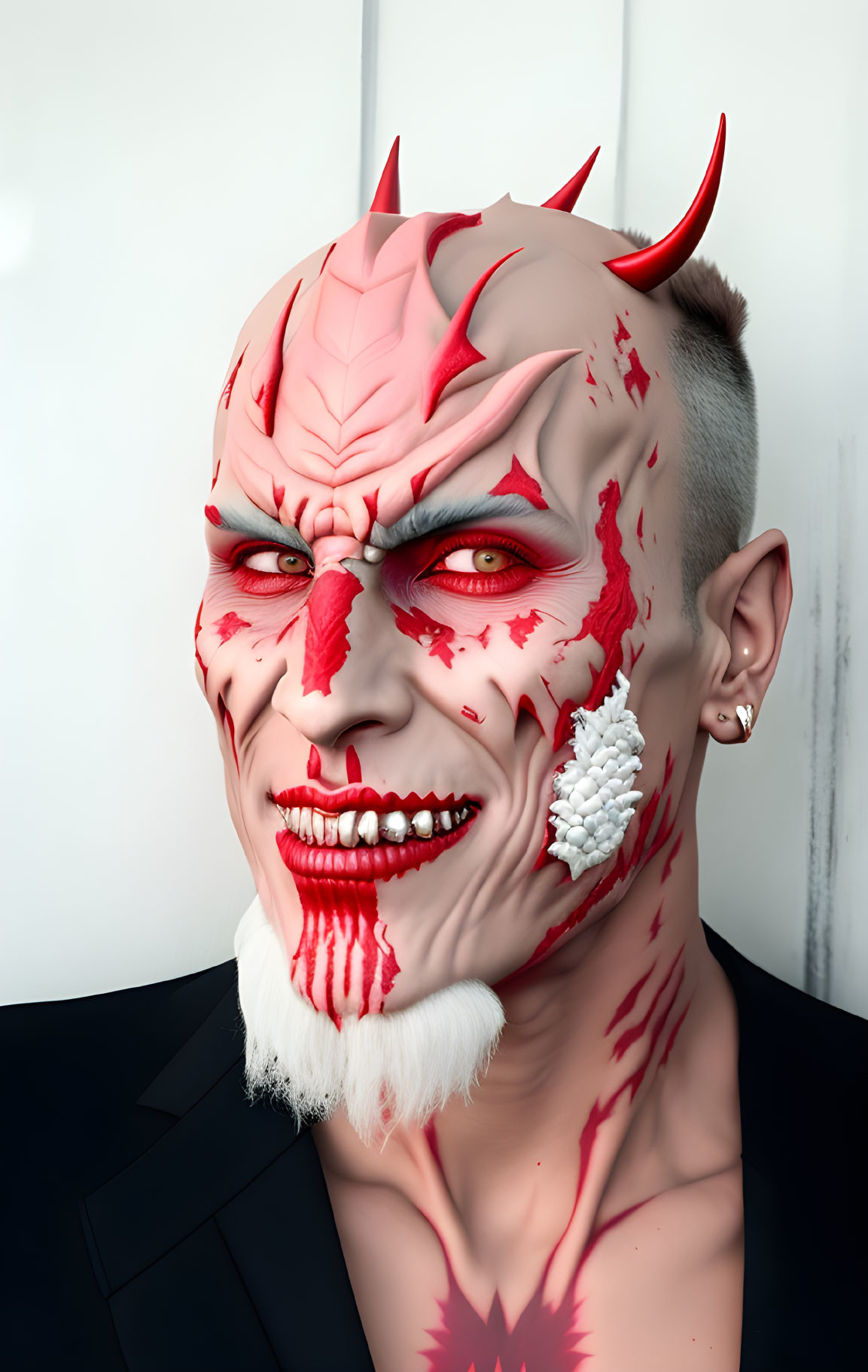 Person in demonic mask with red and white face paint and horns