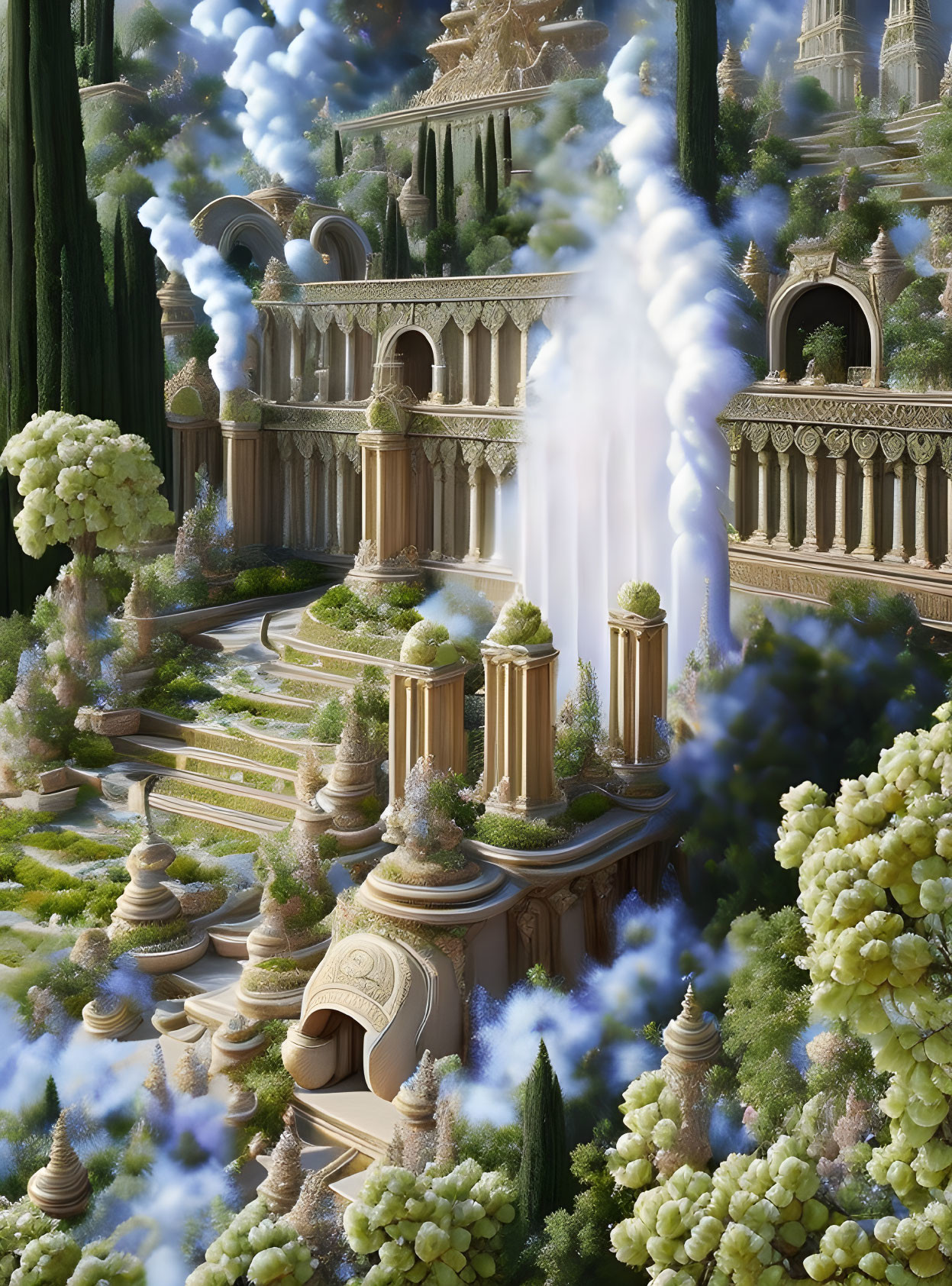 Fantastical landscape with architectural structures and water fountain