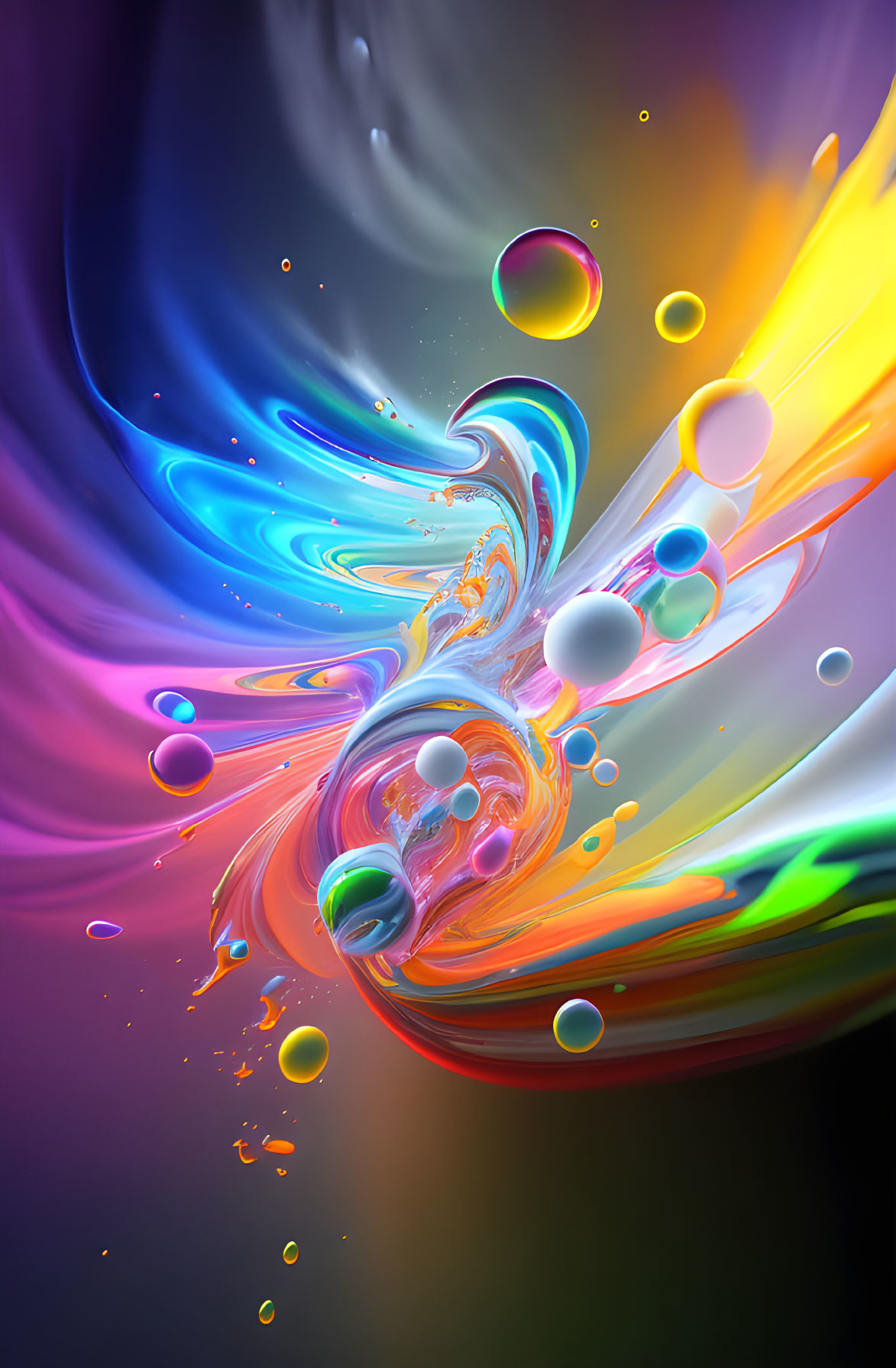 Colorful Abstract Swirl with Rainbow Colors and Glossy Bubbles