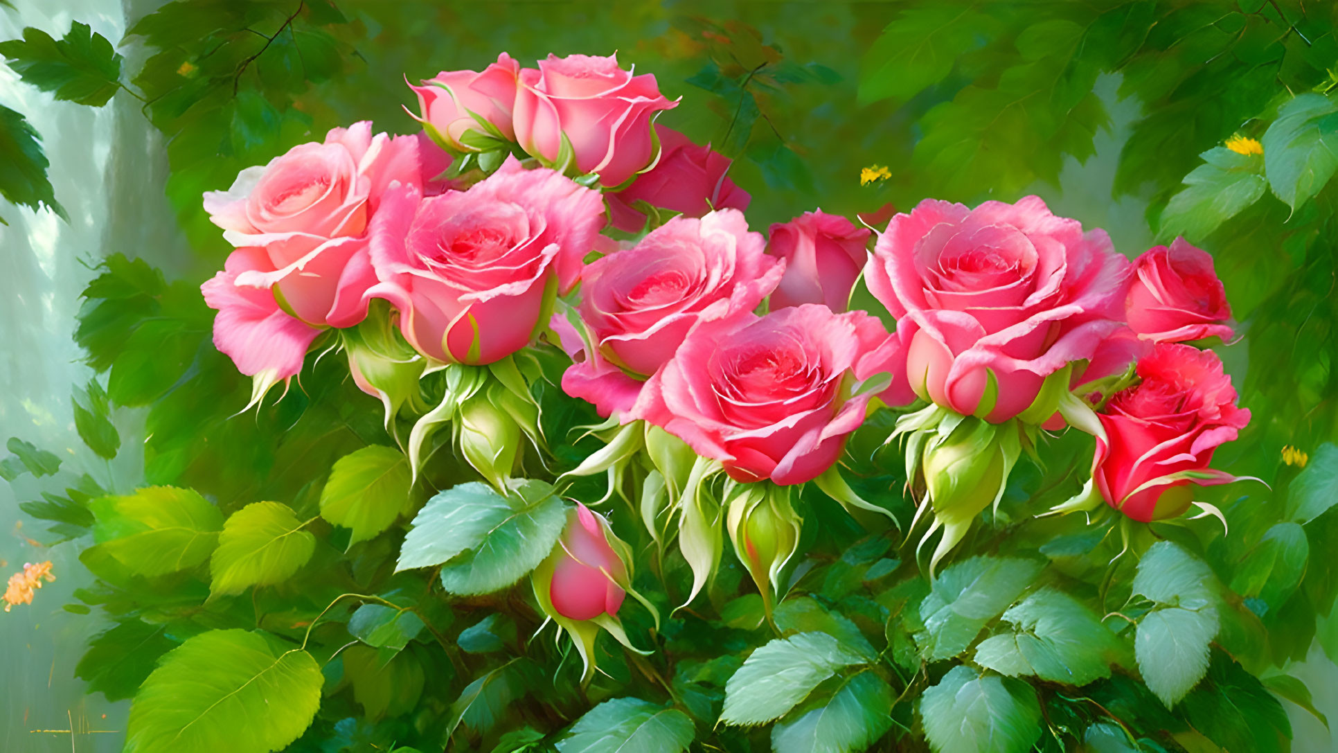 Pink Roses Bouquet with Green Leaves on Garden Background