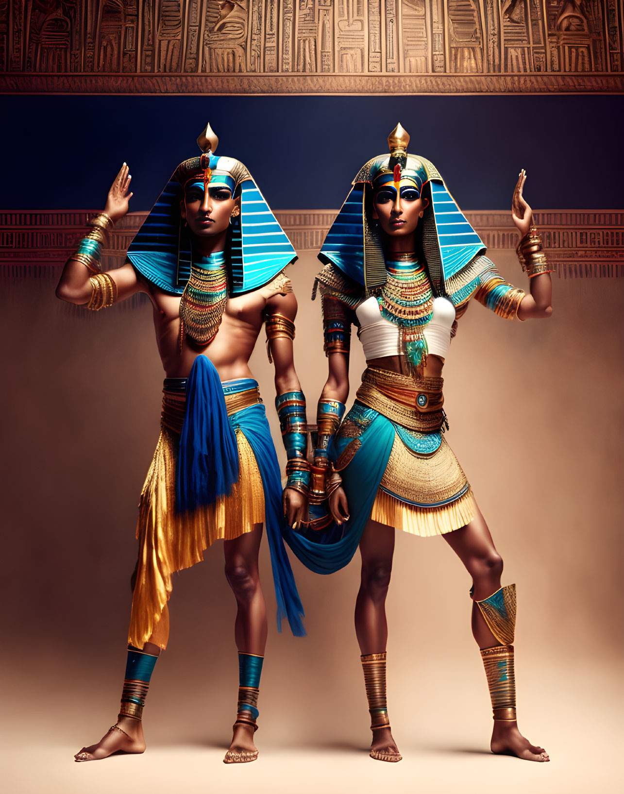 Ancient Egyptian-themed photo shoot with two people in elaborate costumes