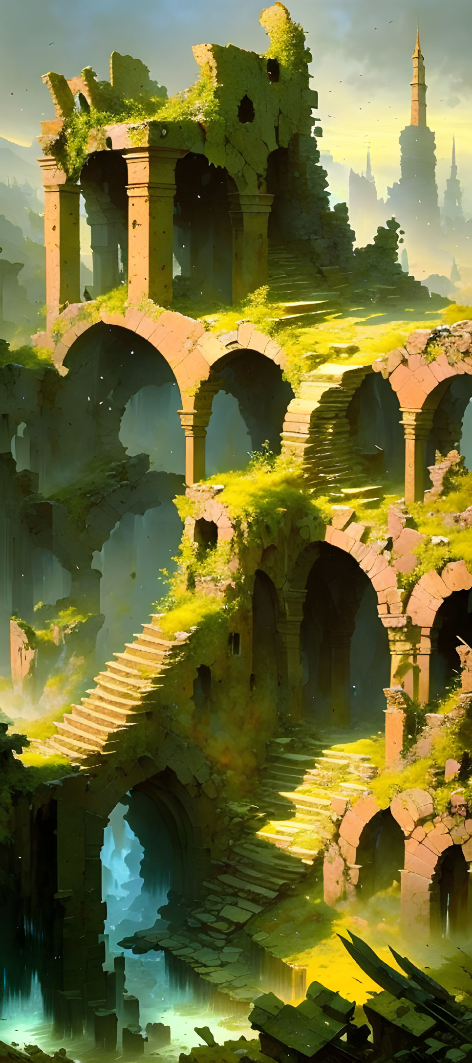 Ancient ruins with arches and overgrown vegetation by reflective water under warm, light-infused sky