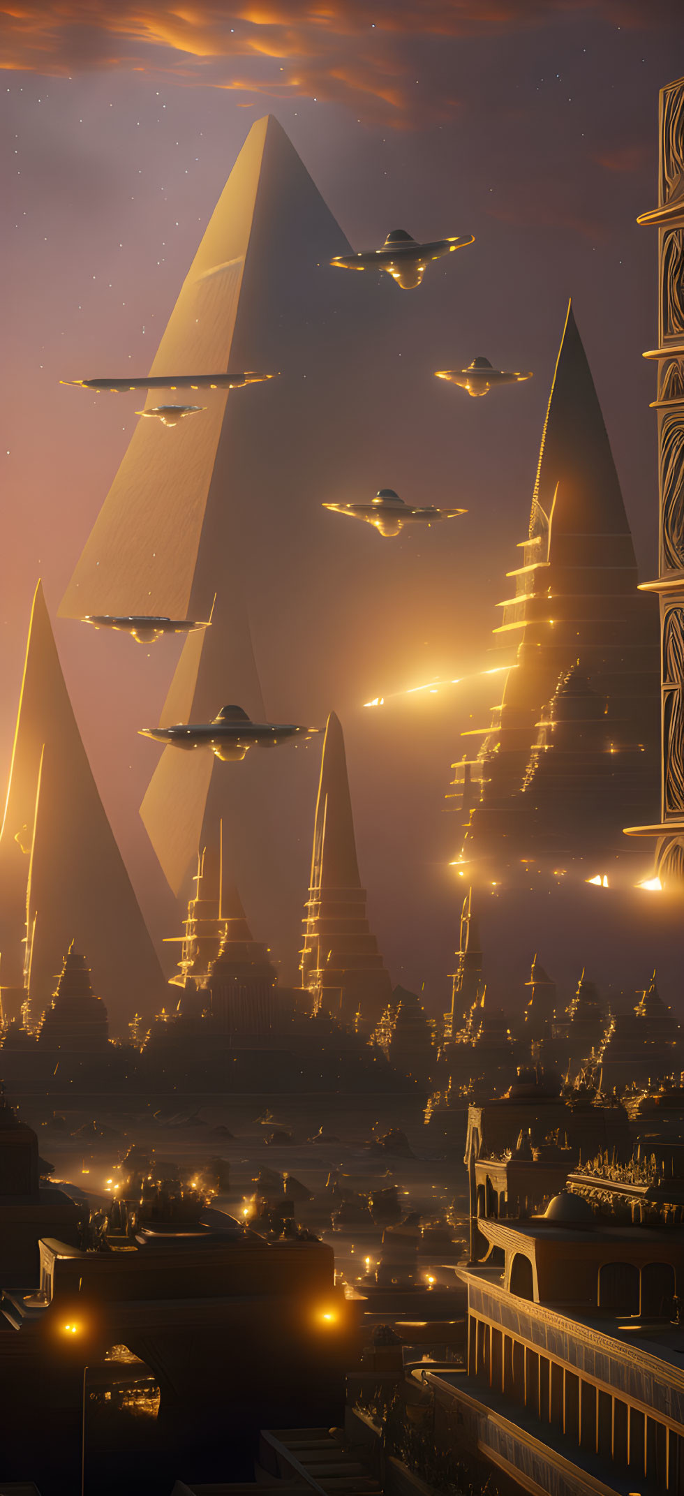 Futuristic cityscape with towering pyramids and flying vehicles at dusk