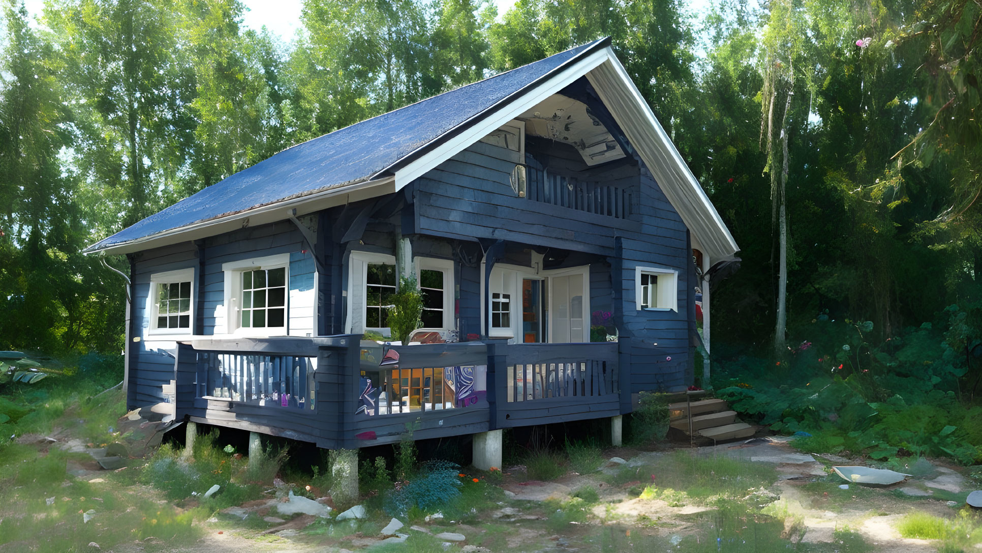 Blue Wooden Cabin with Porch in Lush Greenery