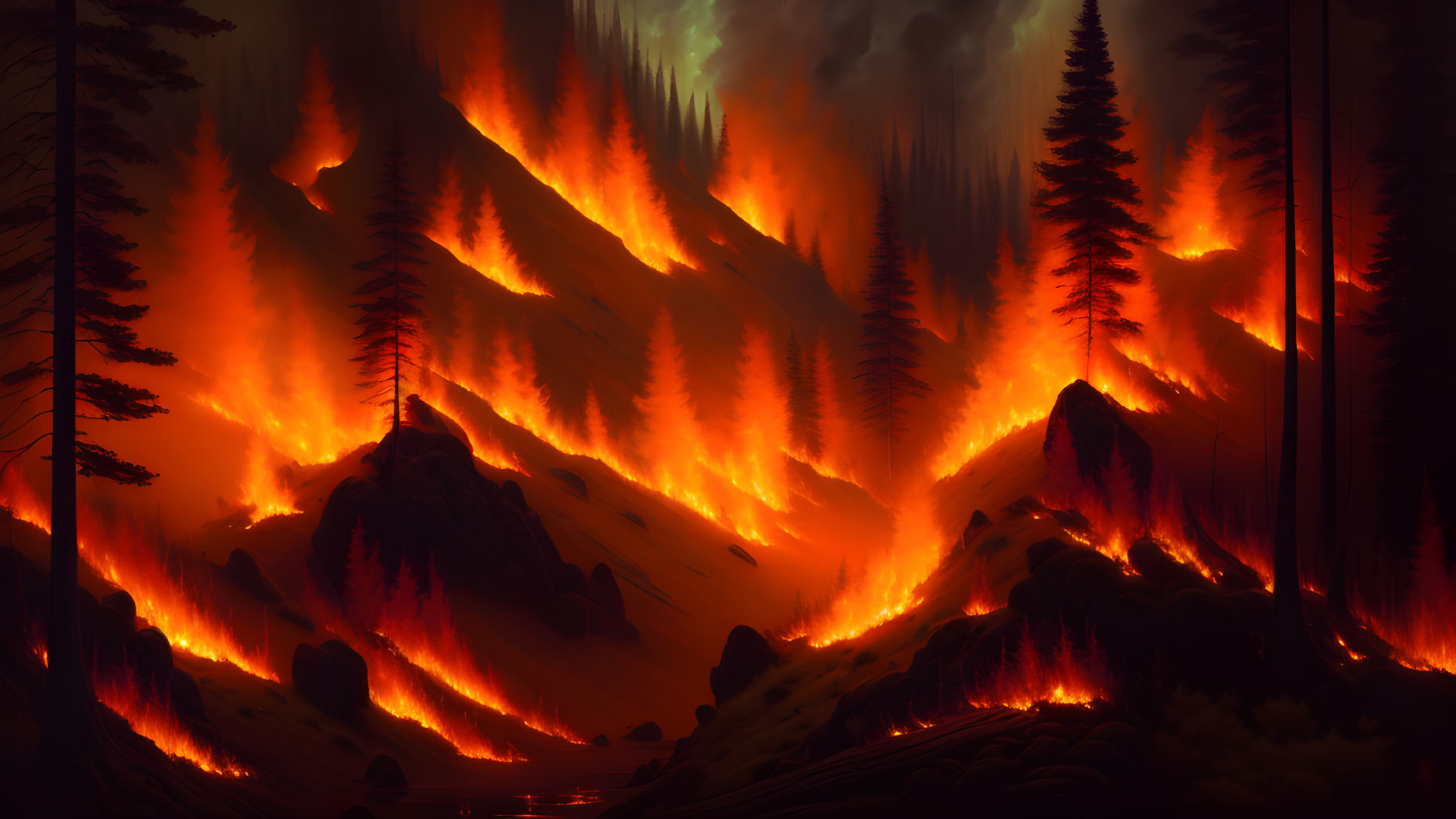 Massive nighttime wildfire consumes forested mountainside