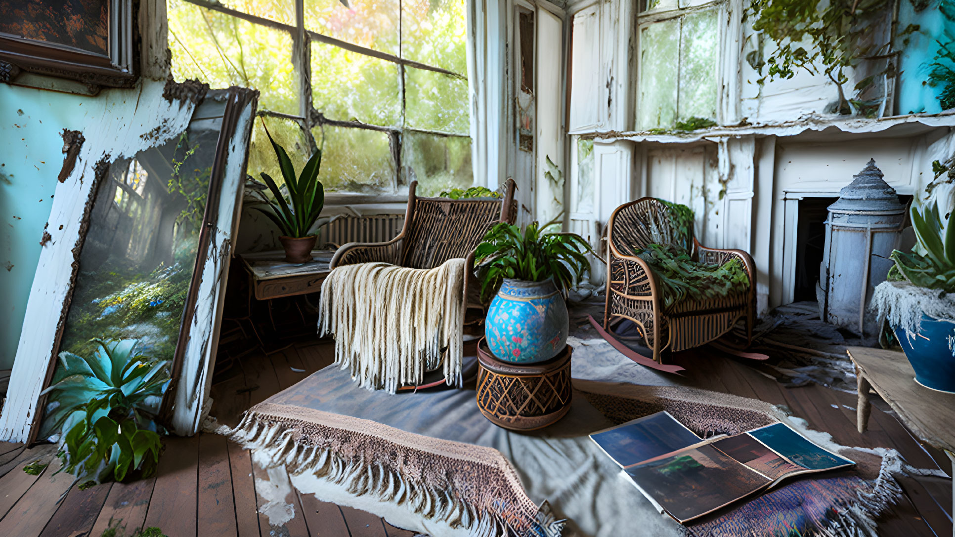 Abandoned room with overgrown plants, peeling walls, vintage furniture