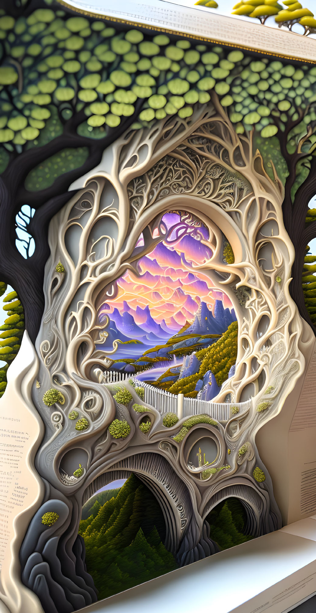 Three-Dimensional Book Sculpture with Carved Whimsical Tree and Sunset Landscape