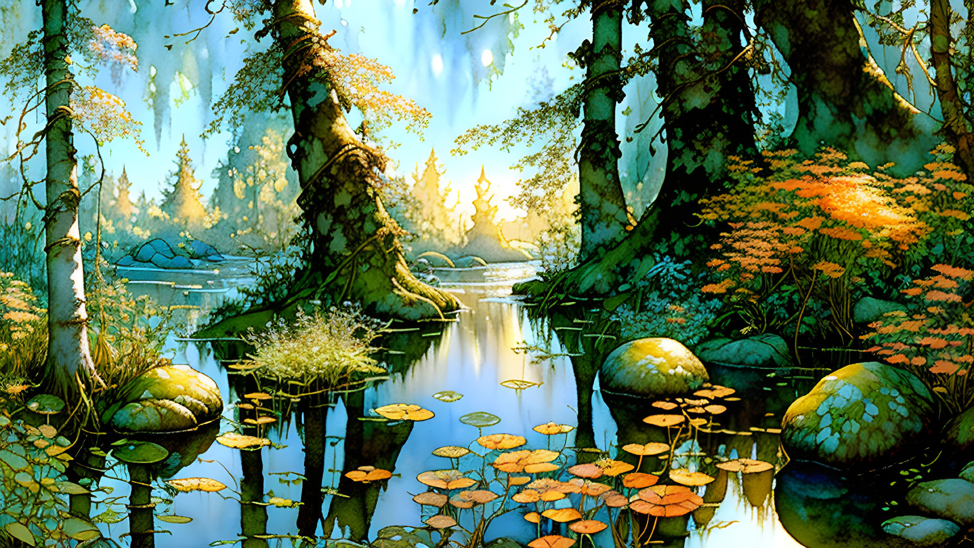 Tranquil forest scene with sunlight, water reflections, and lush foliage