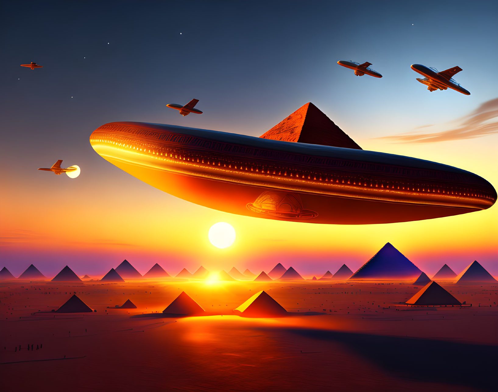 Futuristic UFO over Egyptian pyramids at sunset