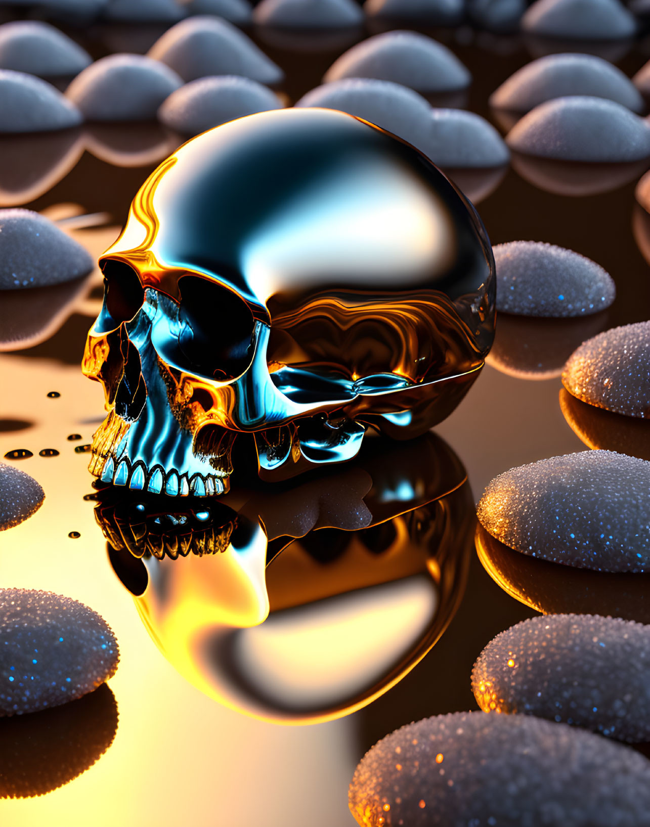 Glossy metallic skull with golden spheres in 3D rendering