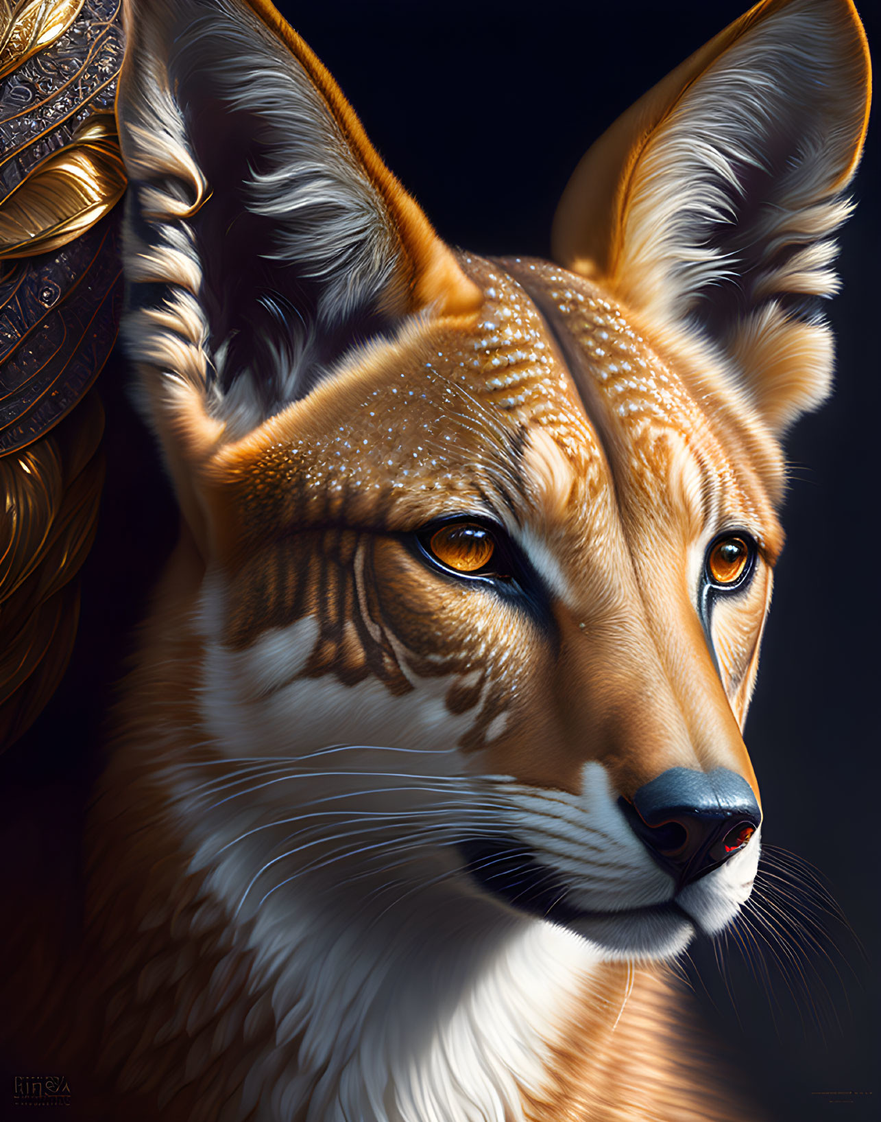 Detailed Digital Artwork: Fox with Unique Fur Patterns & Warm Ambient Lighting