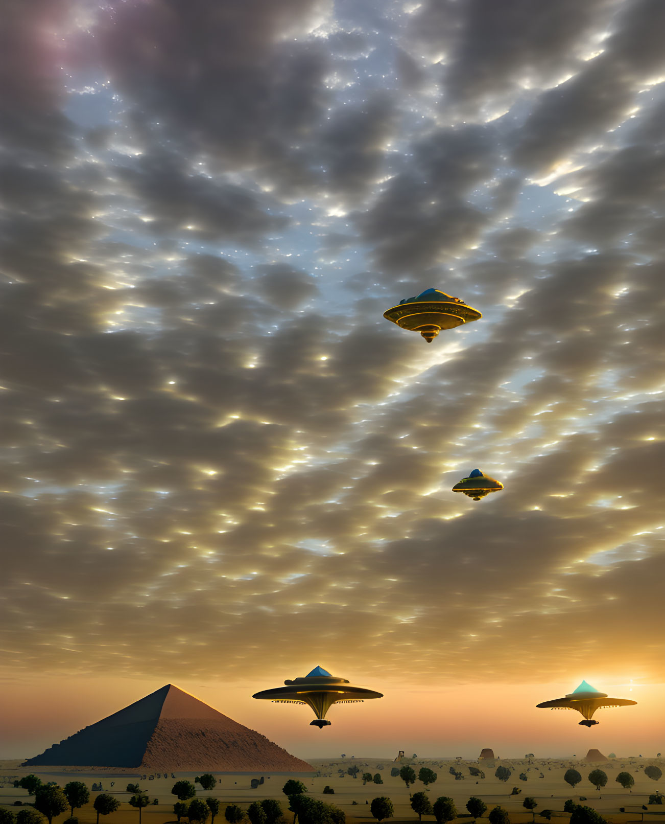 Unidentified flying objects over desert pyramid under dramatic sky