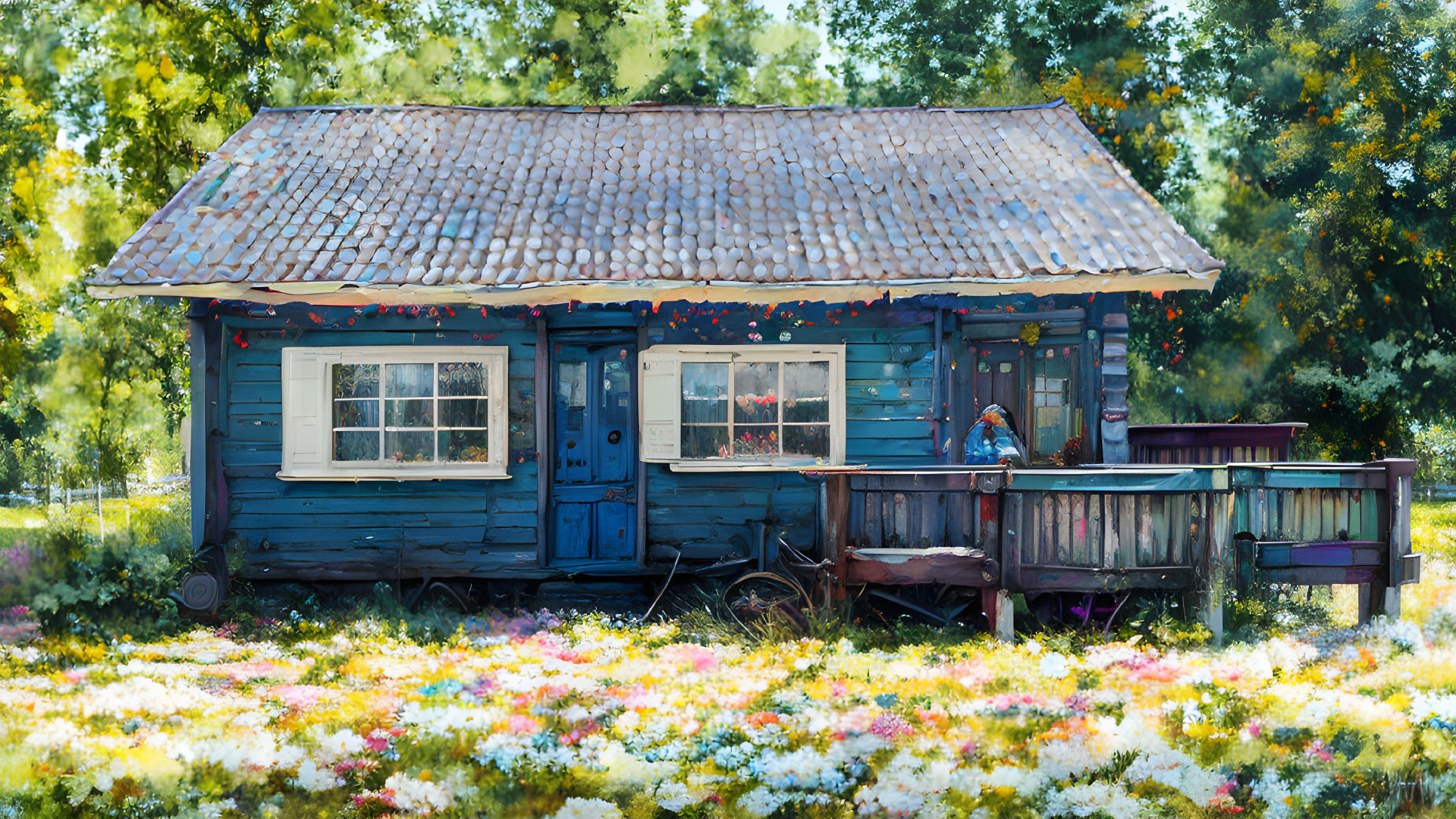 Blue Wooden Cottage with Tin Roof in Flower Garden and Countryside Ambiance