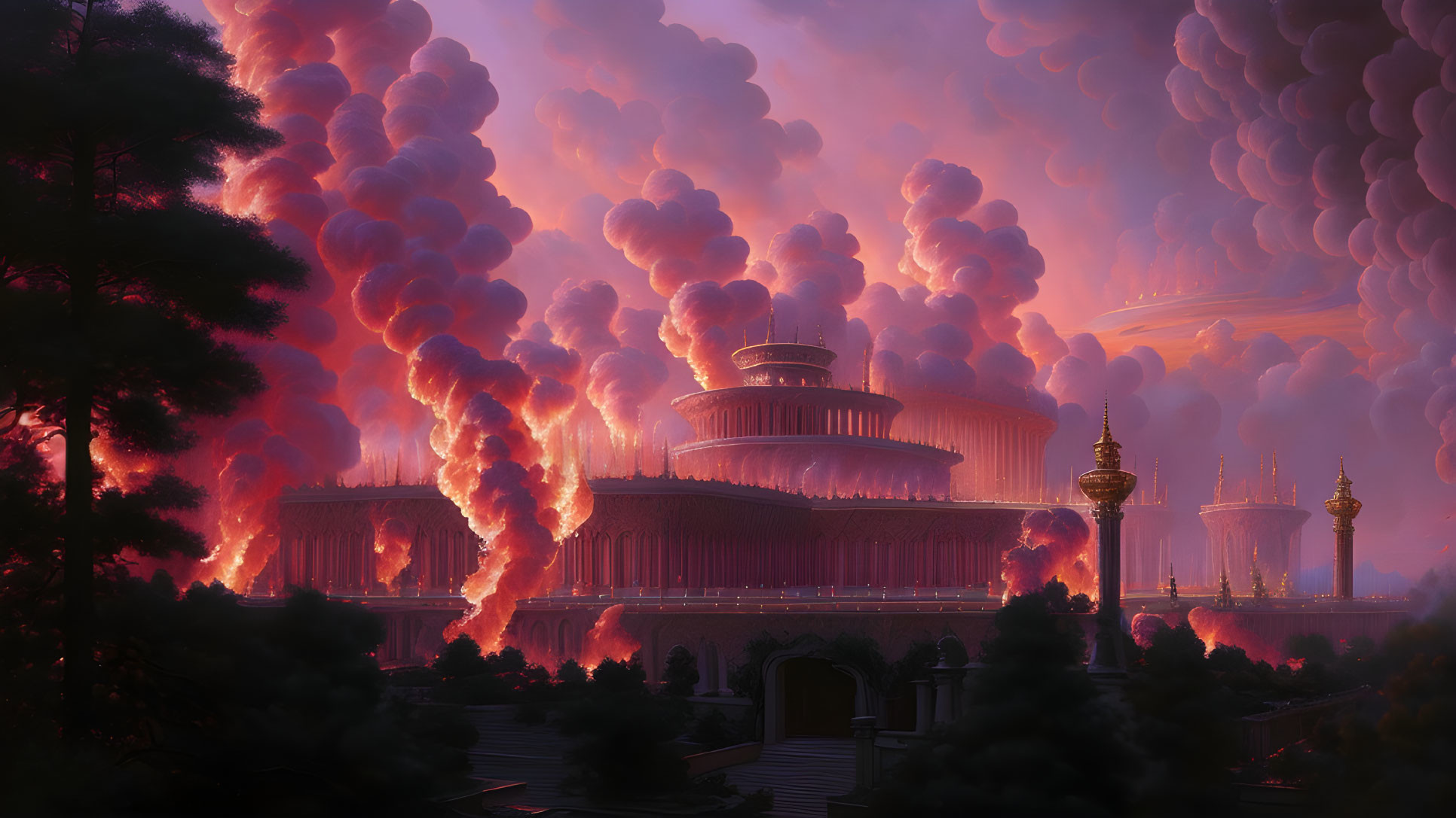 Fantasy-style palace engulfed in flames at dusk.