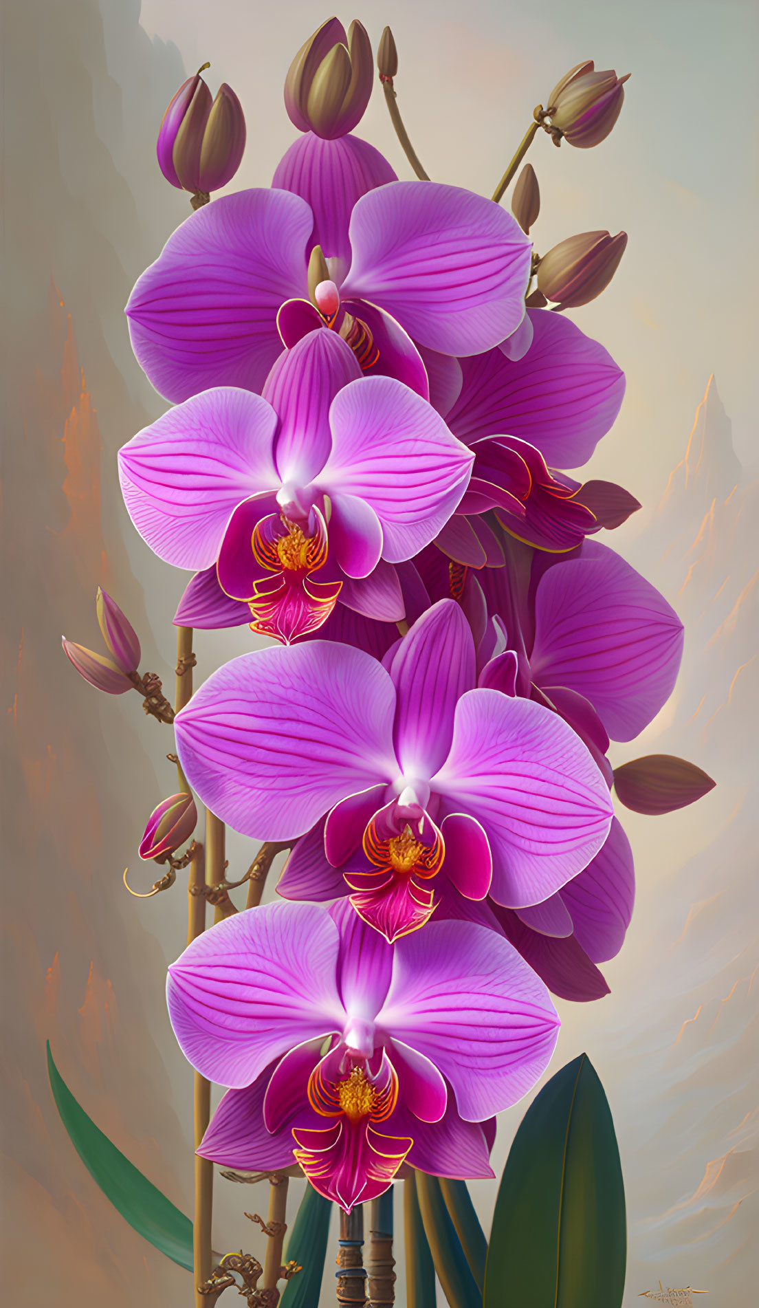 Vibrant pink Phalaenopsis orchid digital artwork on misty background