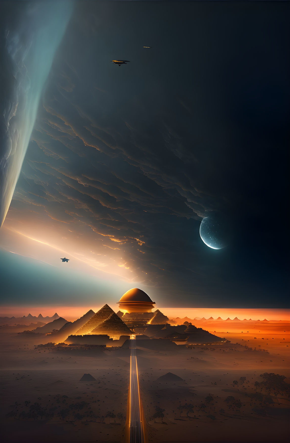 Futuristic landscape with Great Pyramids, planet, moon, flying ships, and illuminated clouds at