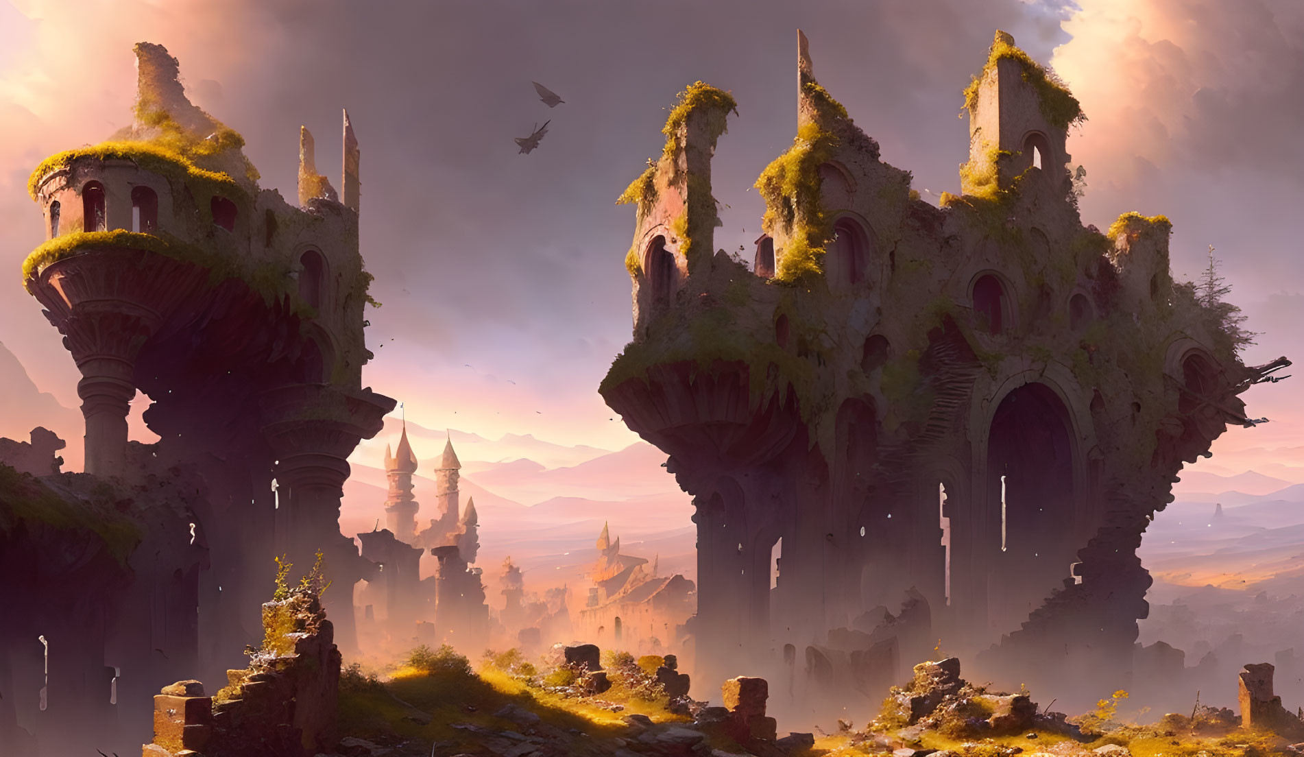 Moss-covered castle ruins on dramatic rock pillars in fantasy landscape