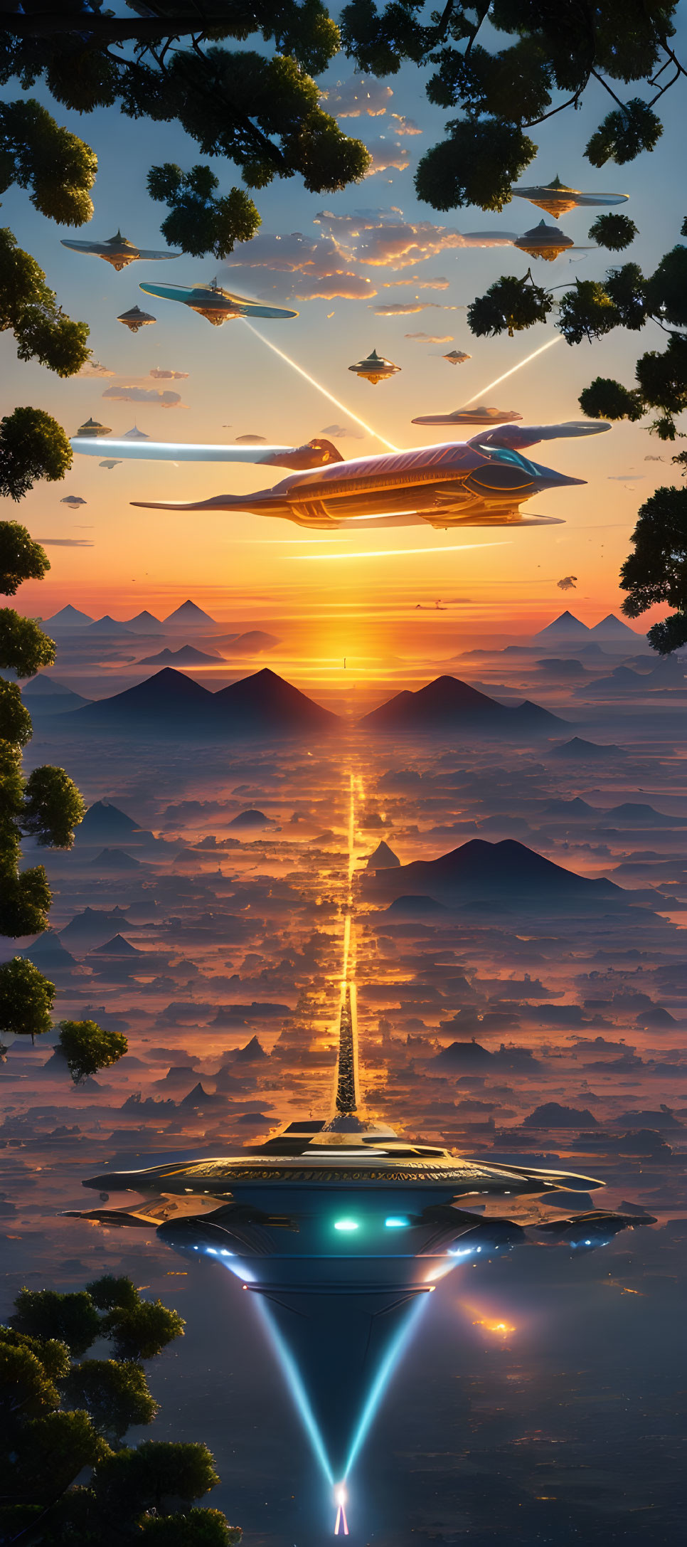 Futuristic flying vehicles over mountain landscape at sunrise