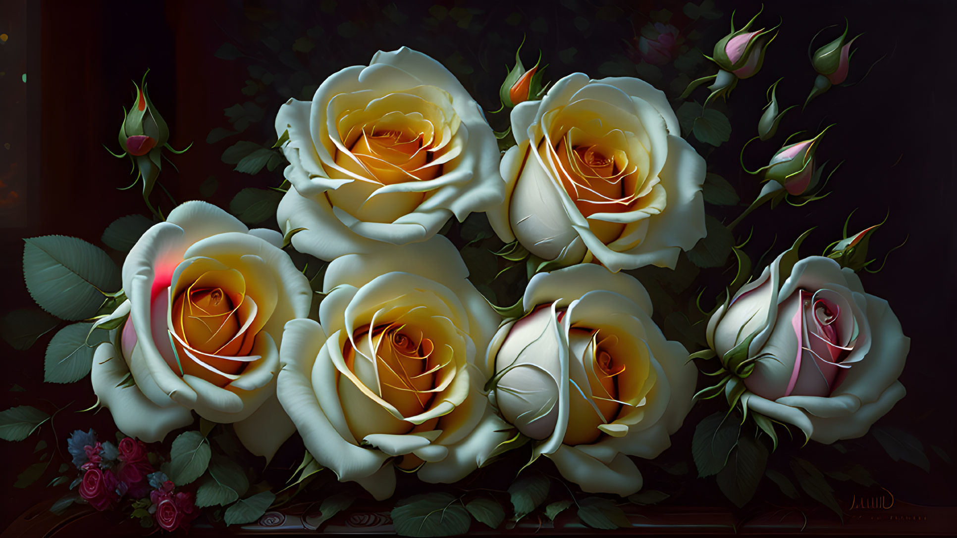 Digital Painting: Luminous Yellow Roses with Pink Accents in Moody Setting