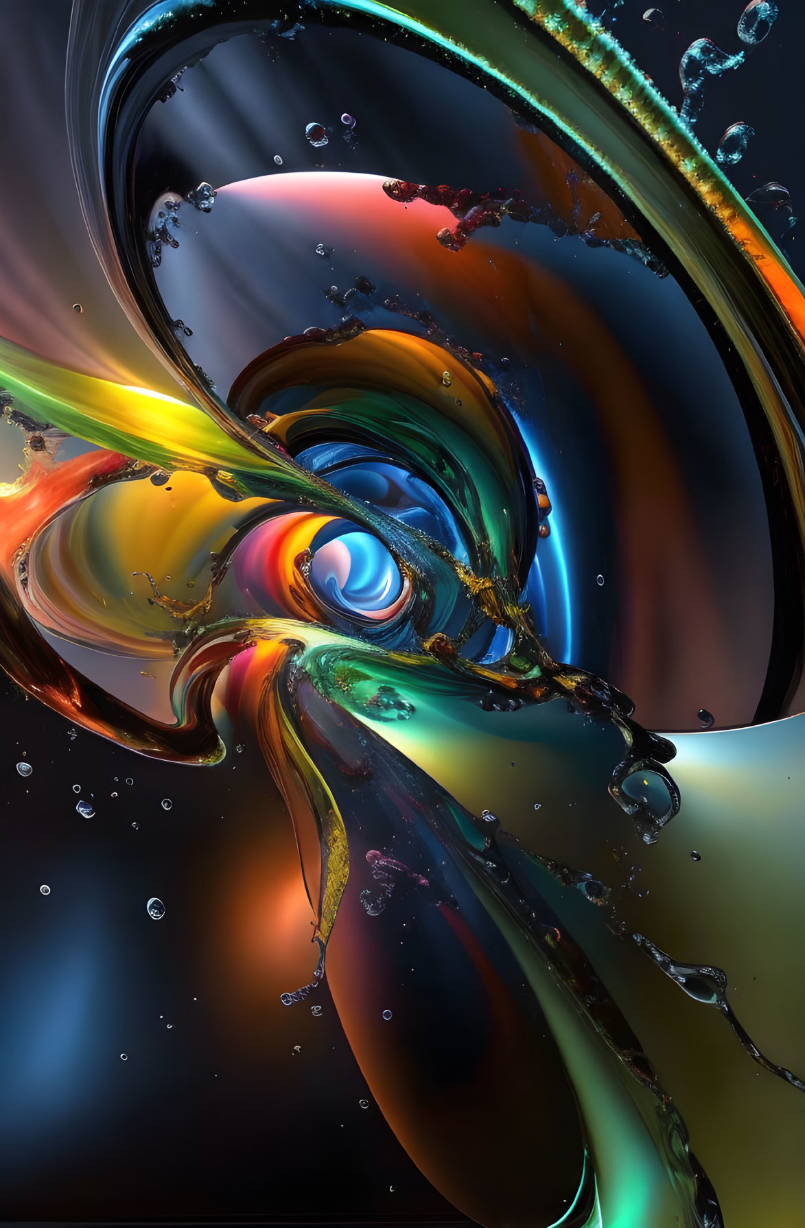 Colorful Swirls with Glossy Surface and Droplets Depicting Fluid Motion