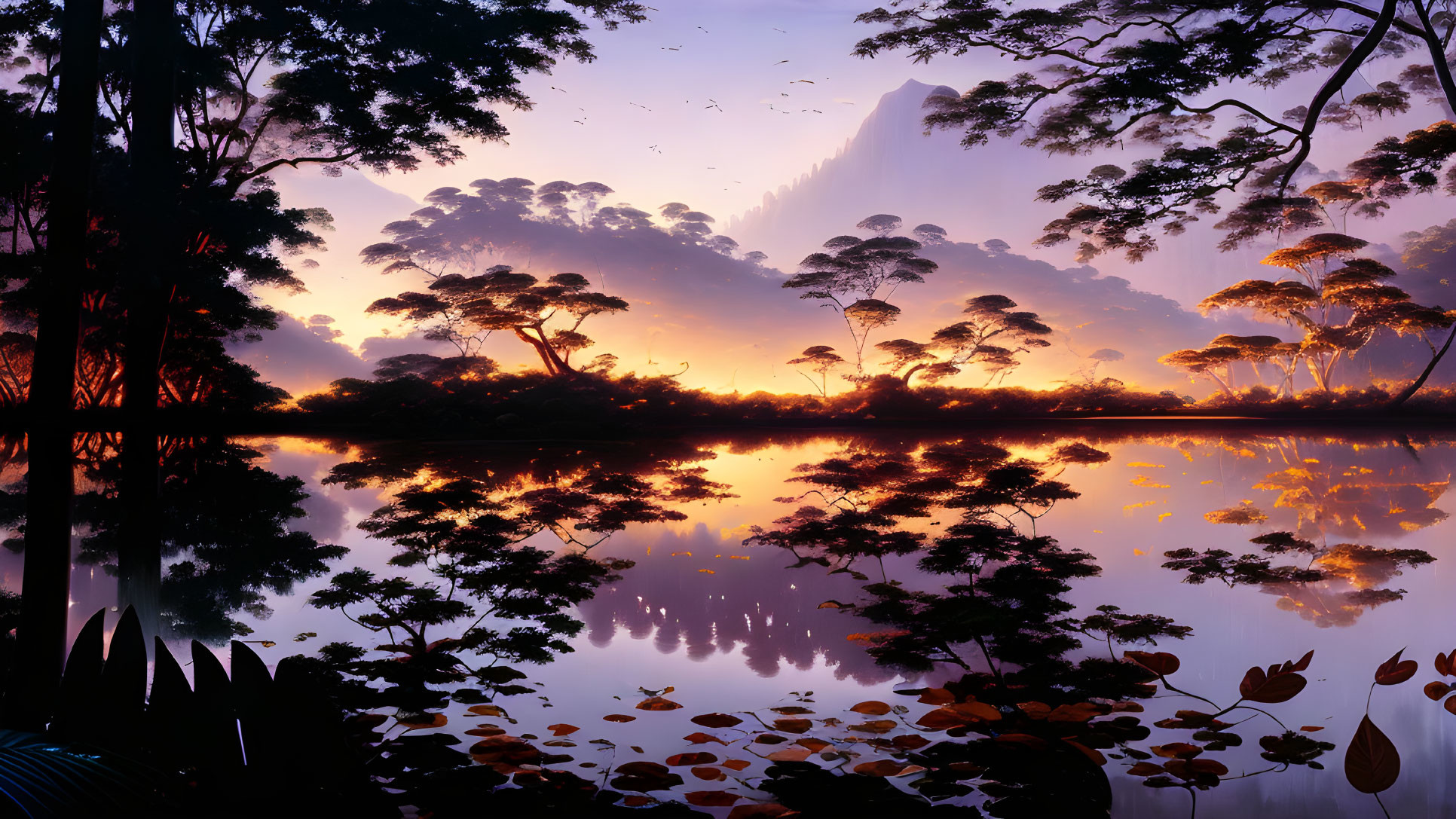 Tranquil sunset scene over lake with tree reflection and colorful sky