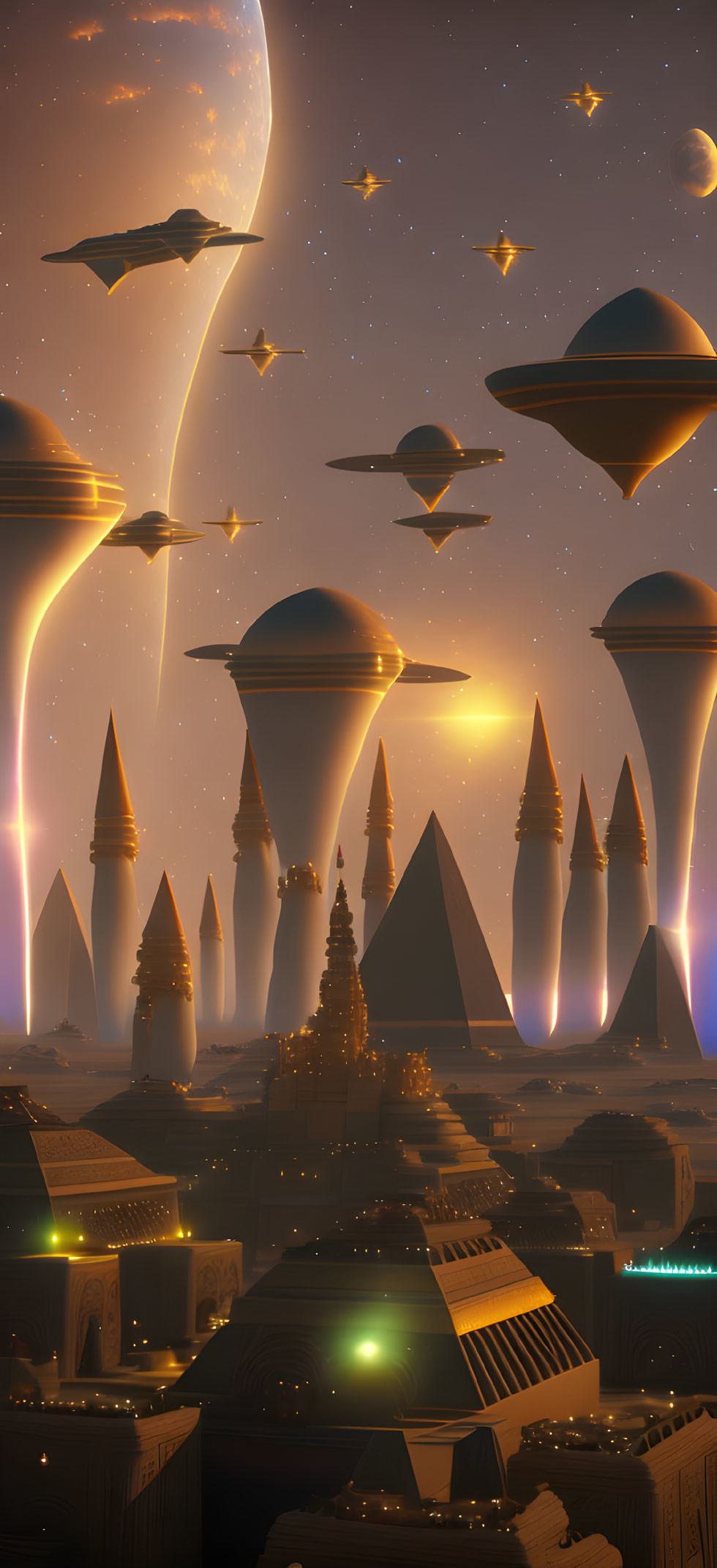 Futuristic cityscape with pyramidal structures under starry sky and ascending spacecrafts.