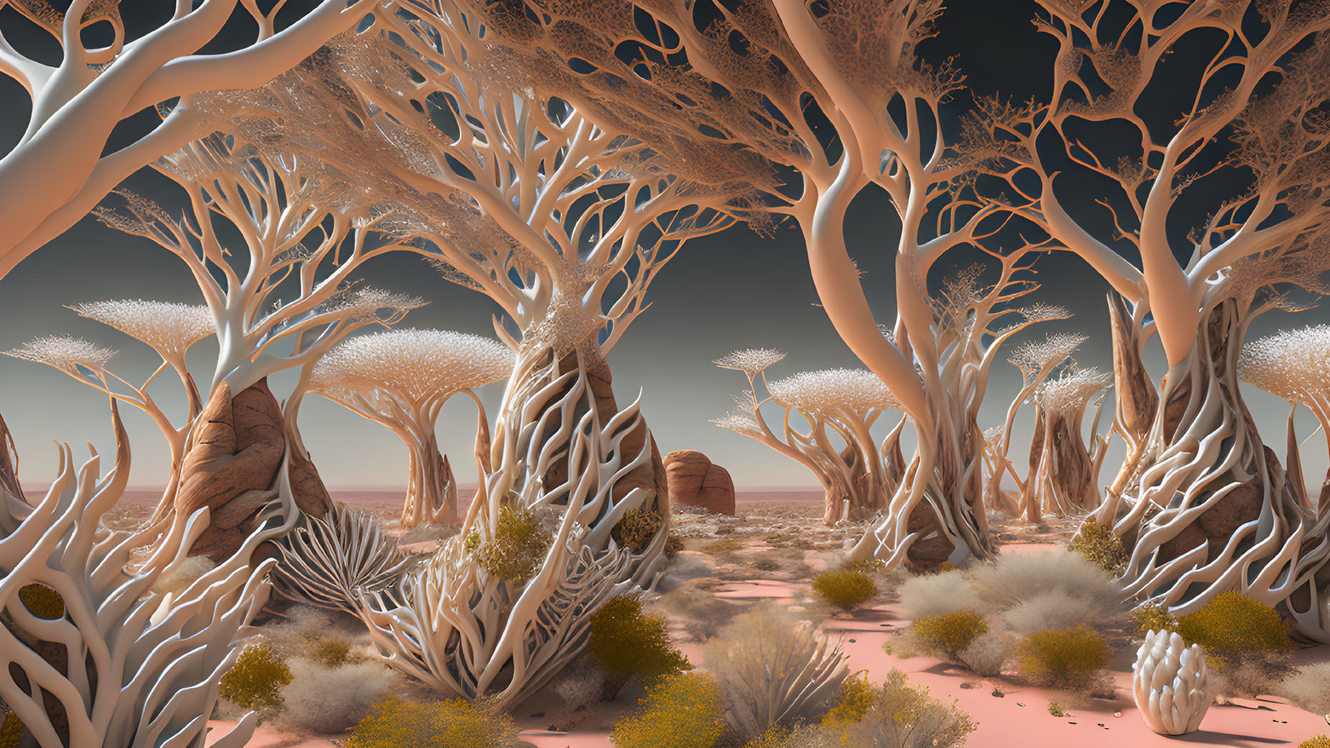 Intricate white trees in surreal desert landscape