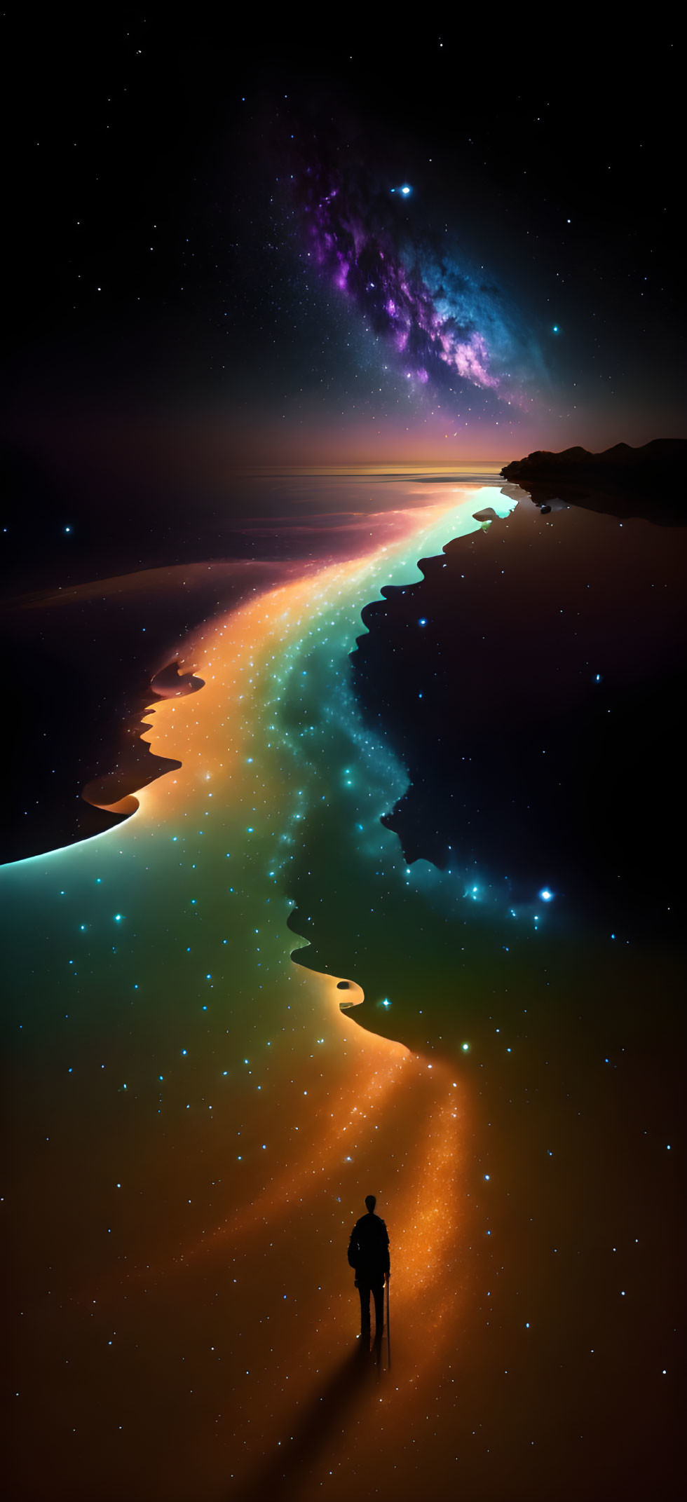 Surreal starlit beach with cosmic sky and Milky Way reflections