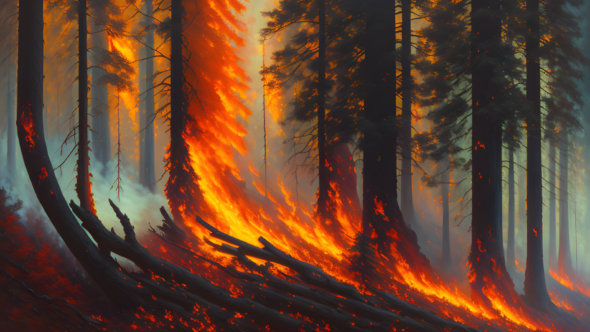 Forest Fire Engulfing Tall Trees in Bright Flames