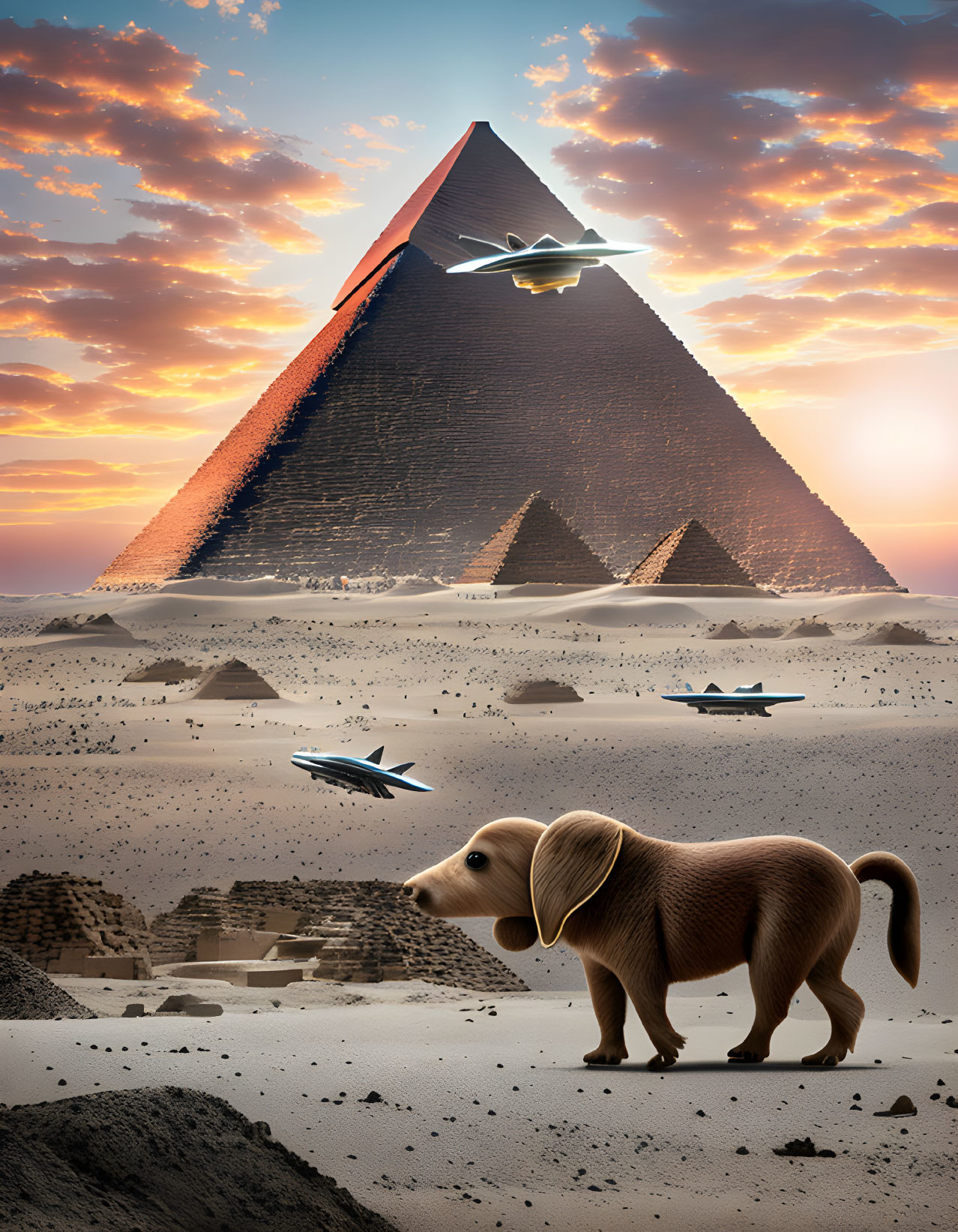 Fantastical landscape with oversized puppy, desert pyramids, and futuristic flying ships under dramatic sunset sky