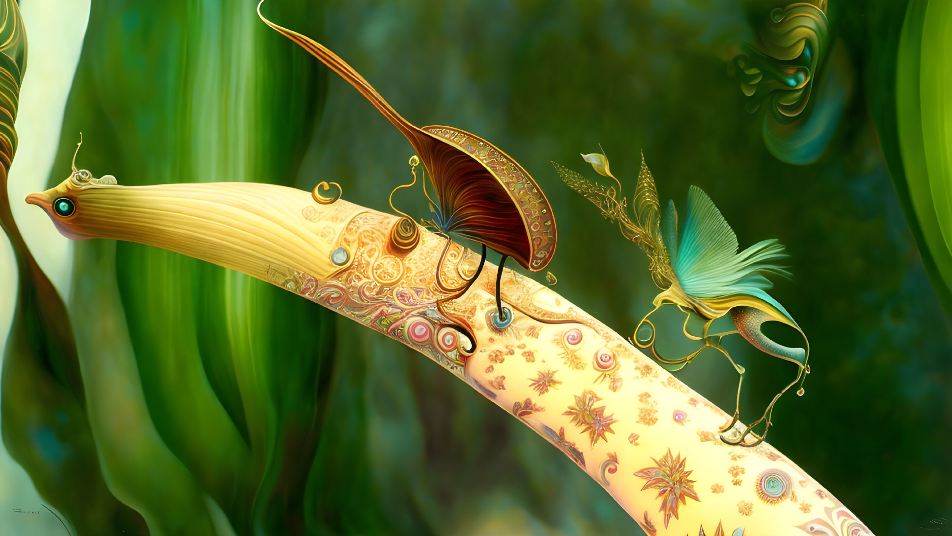 Colorful Fantasy Snails on Vibrant Plants in Whimsical Setting