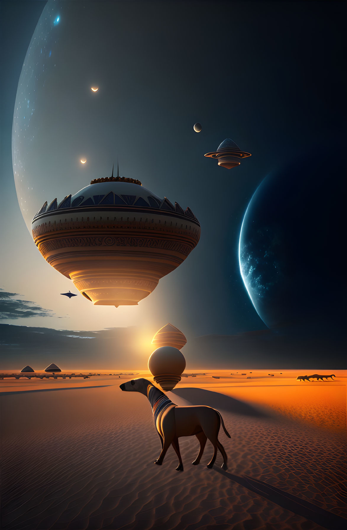 Dog looking at surreal sky with multiple moons and floating cities above desert landscape