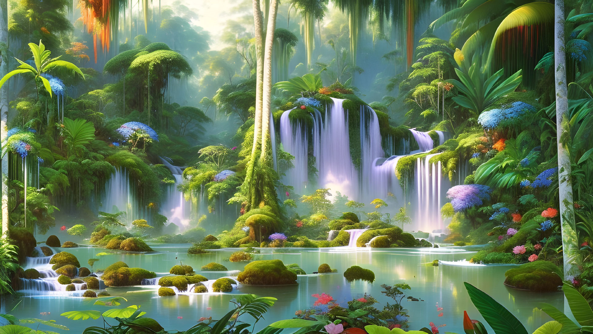 Lush Green Jungle with Waterfalls and Blue Waters