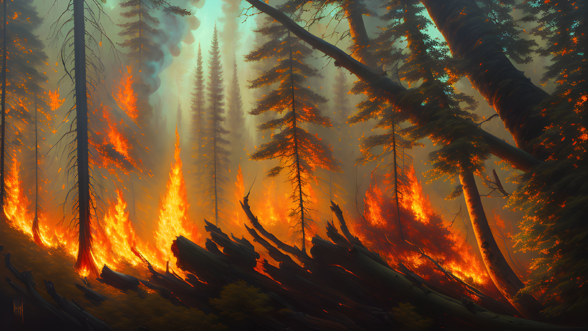 Intense forest fire with tall trees engulfed in flames