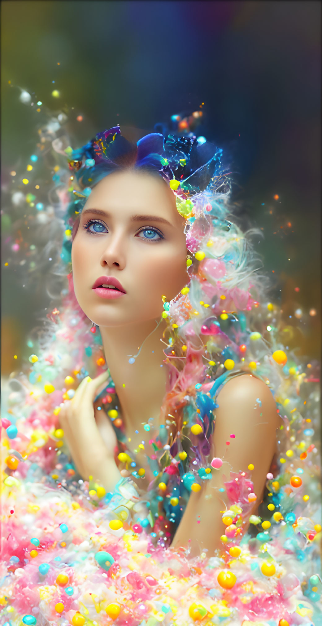 Young woman in floral headpiece surrounded by colorful bubbles