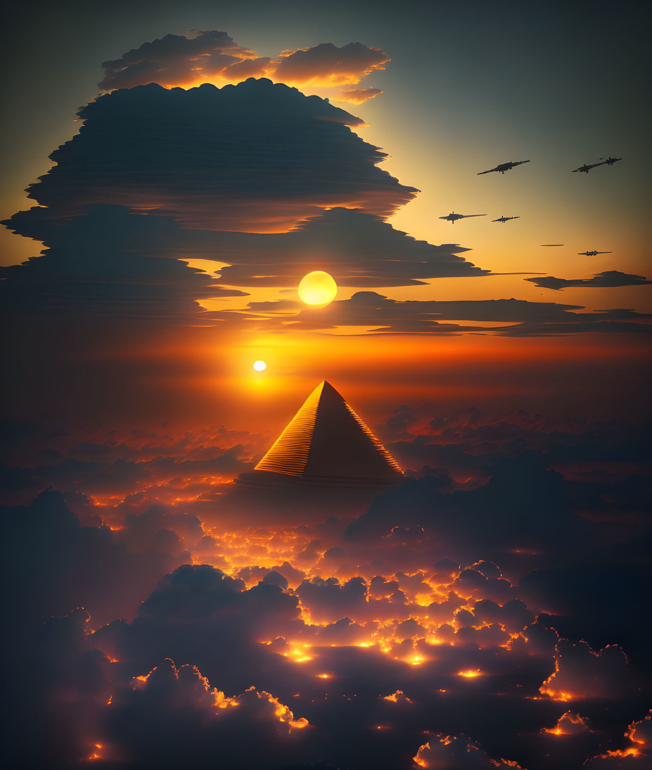 Surreal sunset with orange glow, pyramid silhouette, layered clouds, and flying planes.