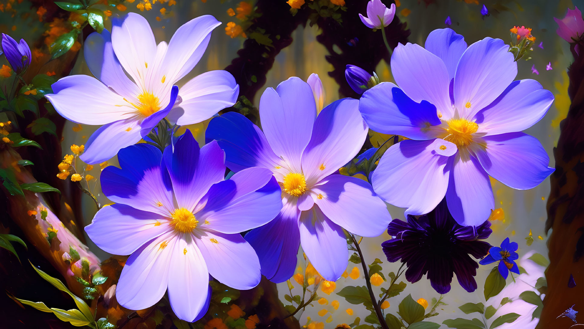 Colorful digital painting of blue and purple flowers on dark foliage