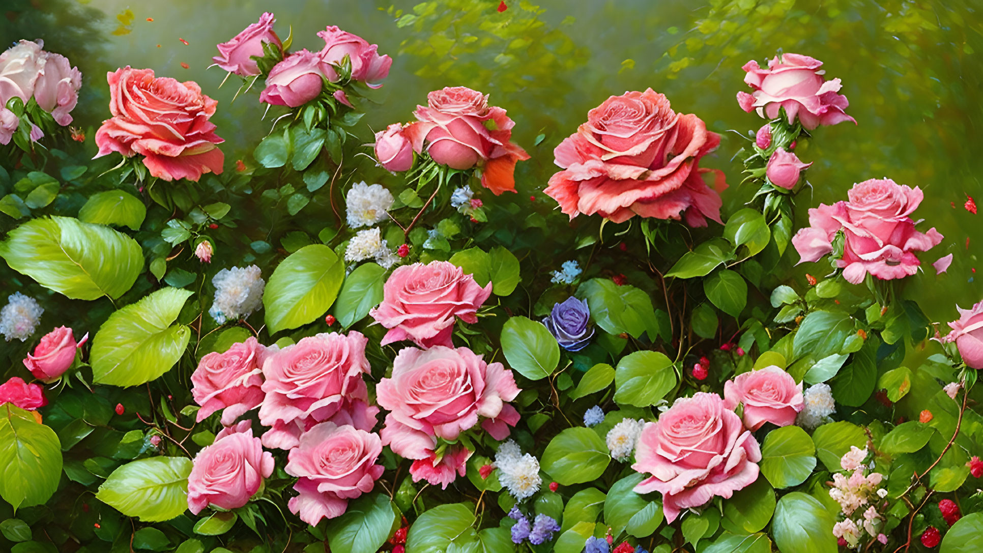 Vibrant pink roses in lush garden setting with serene water backdrop