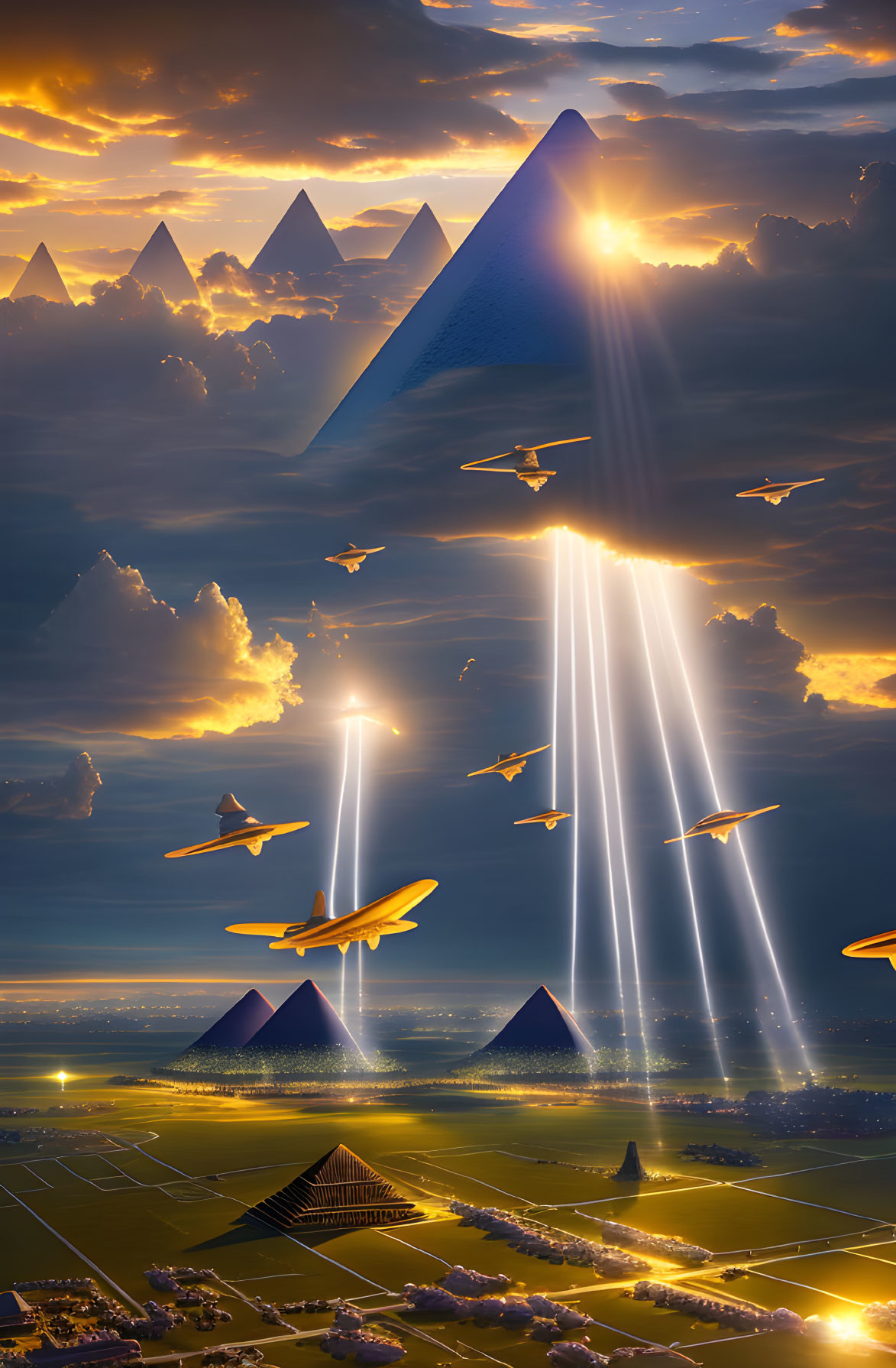 Futuristic landscape: pyramids, flying vehicles, beams of light