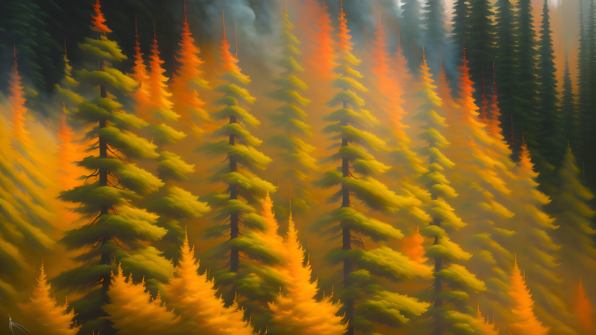 Row of Pine Trees in Green and Orange Hues under Soft Light