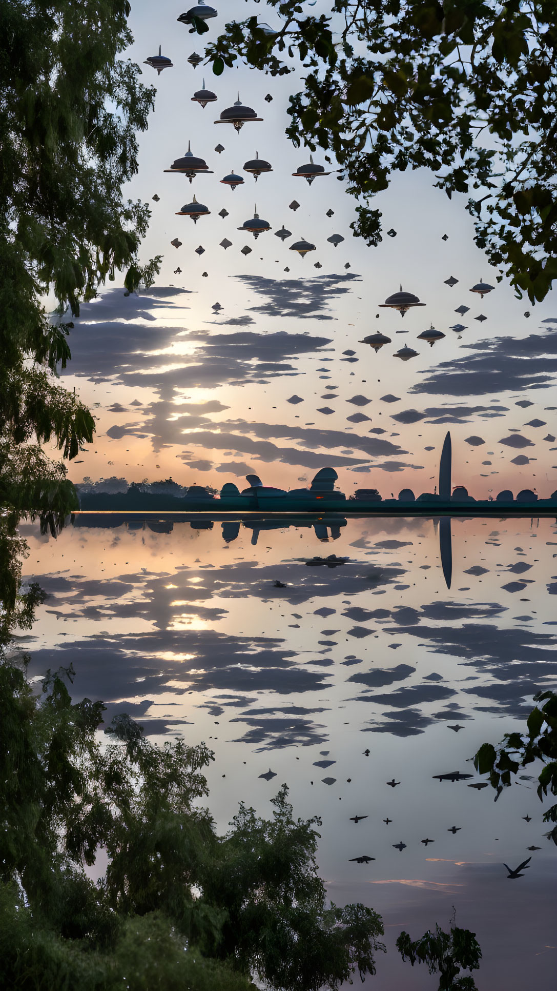 Tranquil lake sunset with bird silhouettes and tree reflections