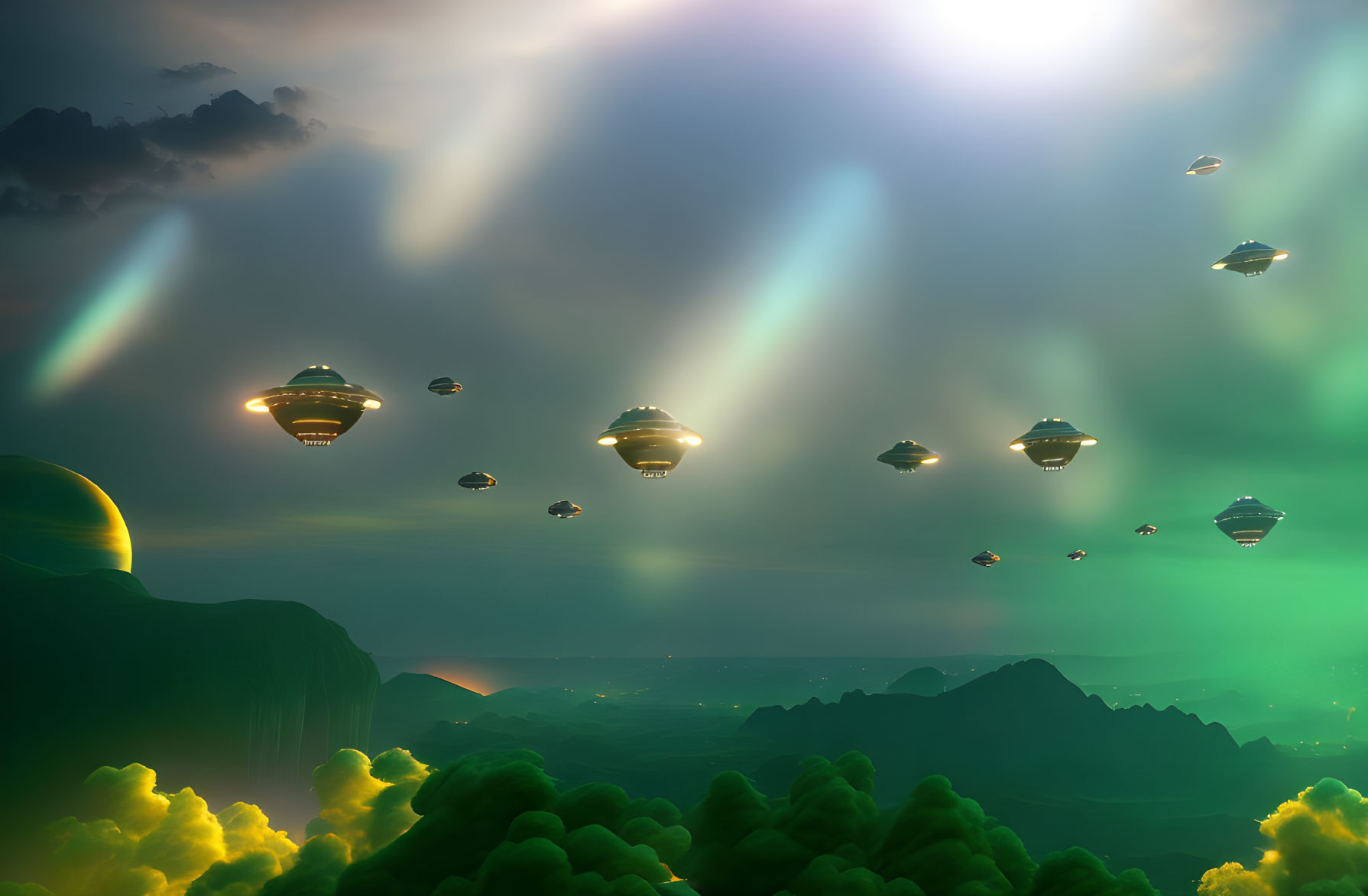 Sci-fi landscape with multiple UFOs over misty green terrain
