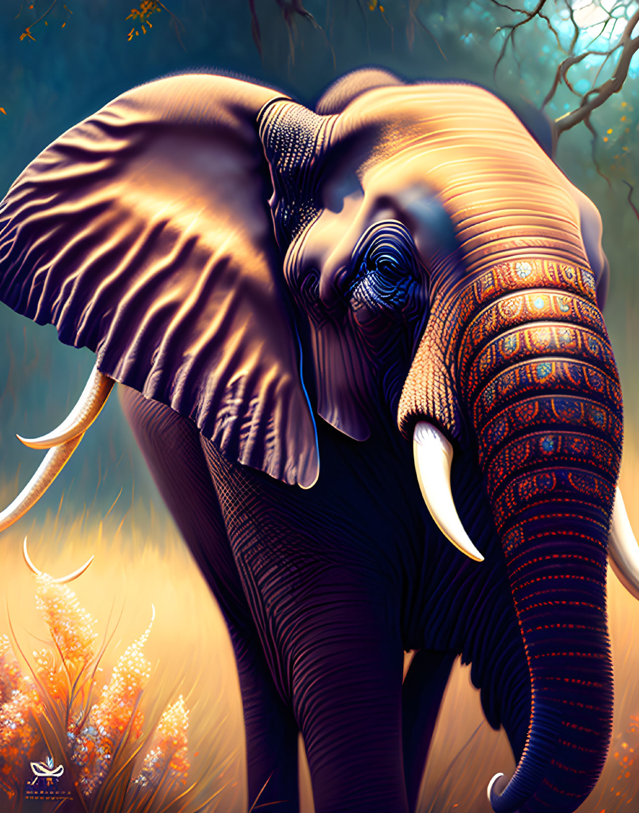 Majestic Elephant with Elaborate Skin Patterns in Amber-lit Forest