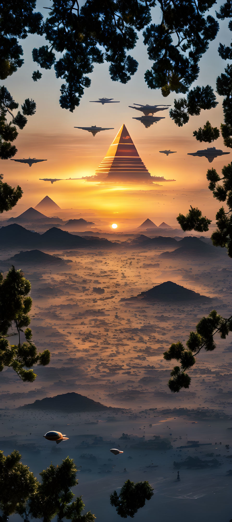 Surreal sunrise landscape with triangle sky pattern and flying saucers