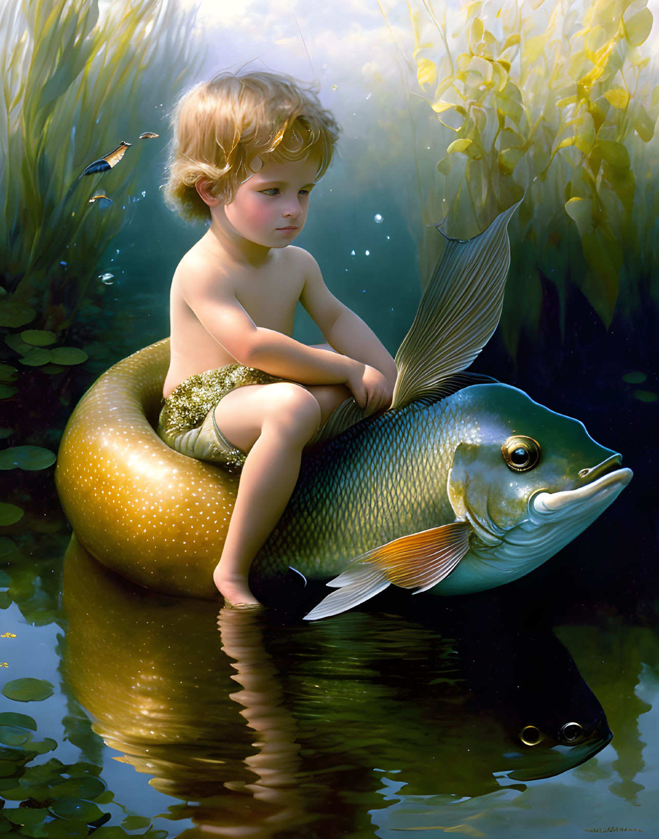 Child with Curly Hair Riding Giant Fish in Mystical Pond