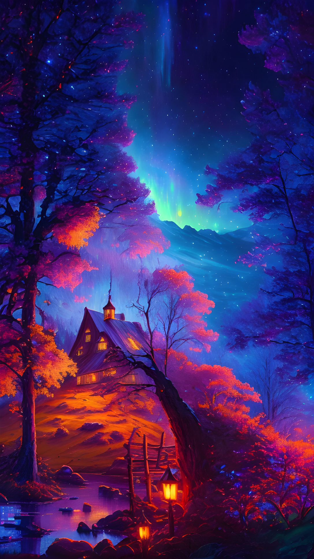 Digital artwork: Quaint house in autumnal setting under starry sky