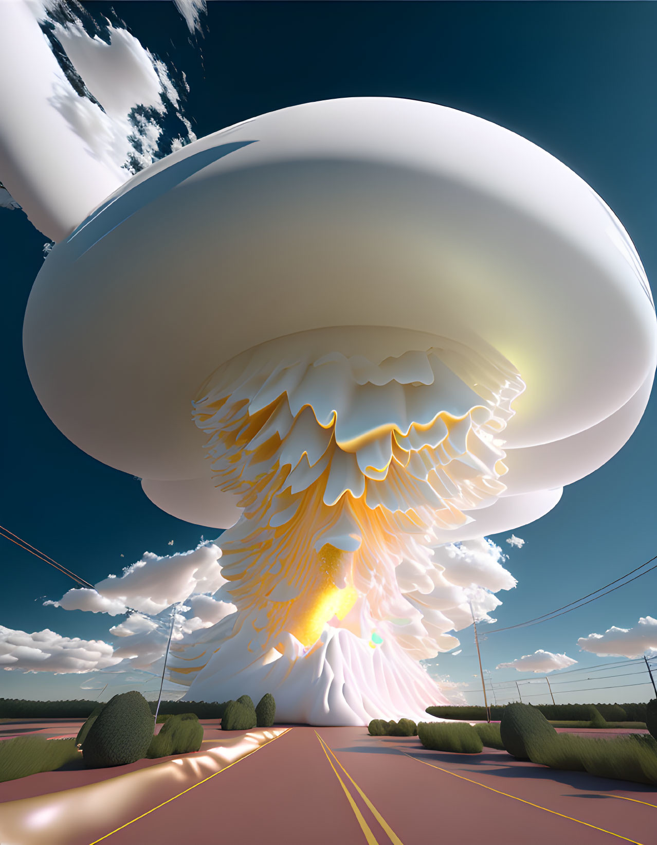 Surreal image of massive mushroom cloud explosion above straight road