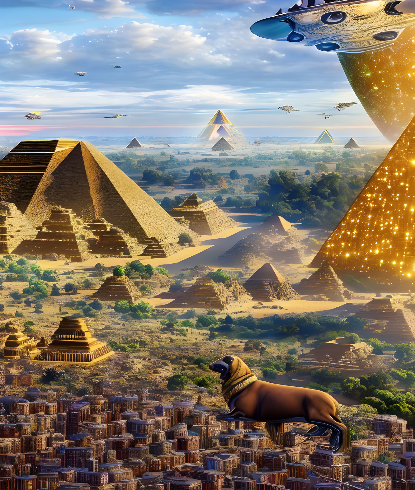 Futuristic cityscape with Egyptian pyramids, sphinx, and sci-fi spacecrafts in star